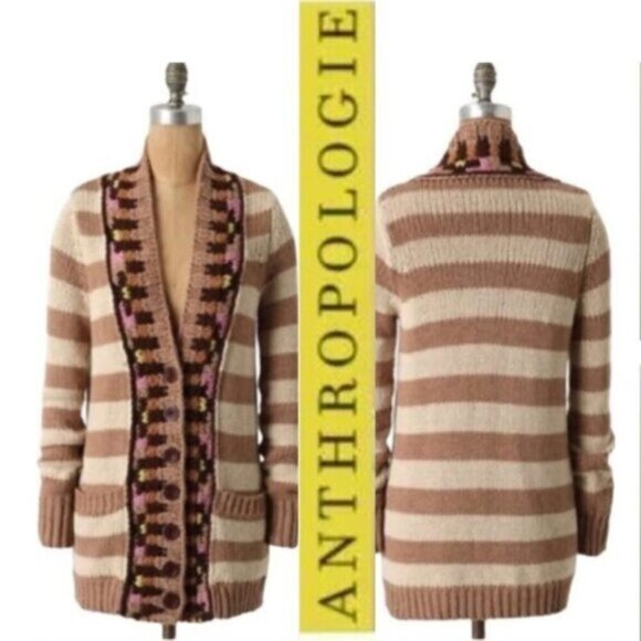 Anthropologie Cardigan with Stripes & Crochet Details Size Small Beige/Tan - Picture 5 of 14